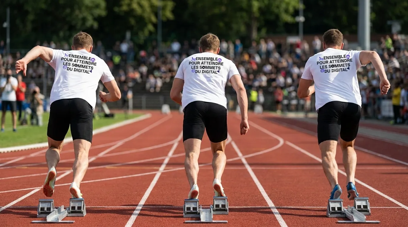 Trois athlètes sur starting-blocks portant le t-shirt du slogan Codaza "Ensemble pour atteindre les sommets du digital"